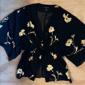Sheer gold foil and black Kimono top